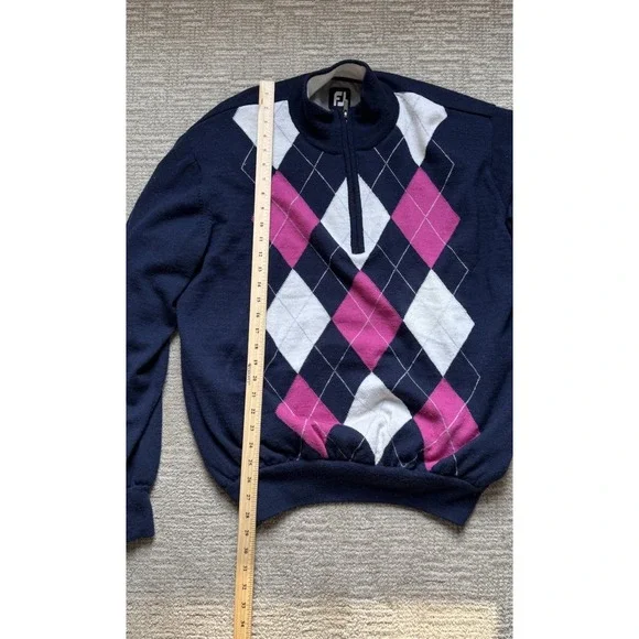 FootJoy Size XL Mens 100% Wool 1/4 Zip Fully Lined Golf Sweater Argyle Navy